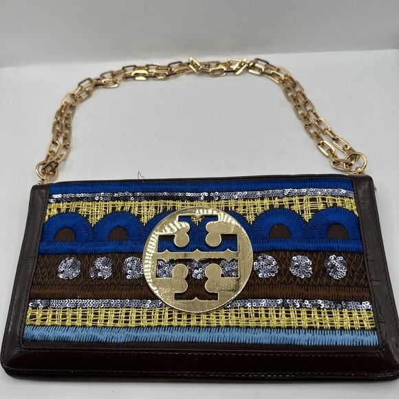 Tory Burch Handbags - Tory‎ Burch Reva Brown Blue Yellow Embroidery Sequin Clutch Chain Strap RARE
